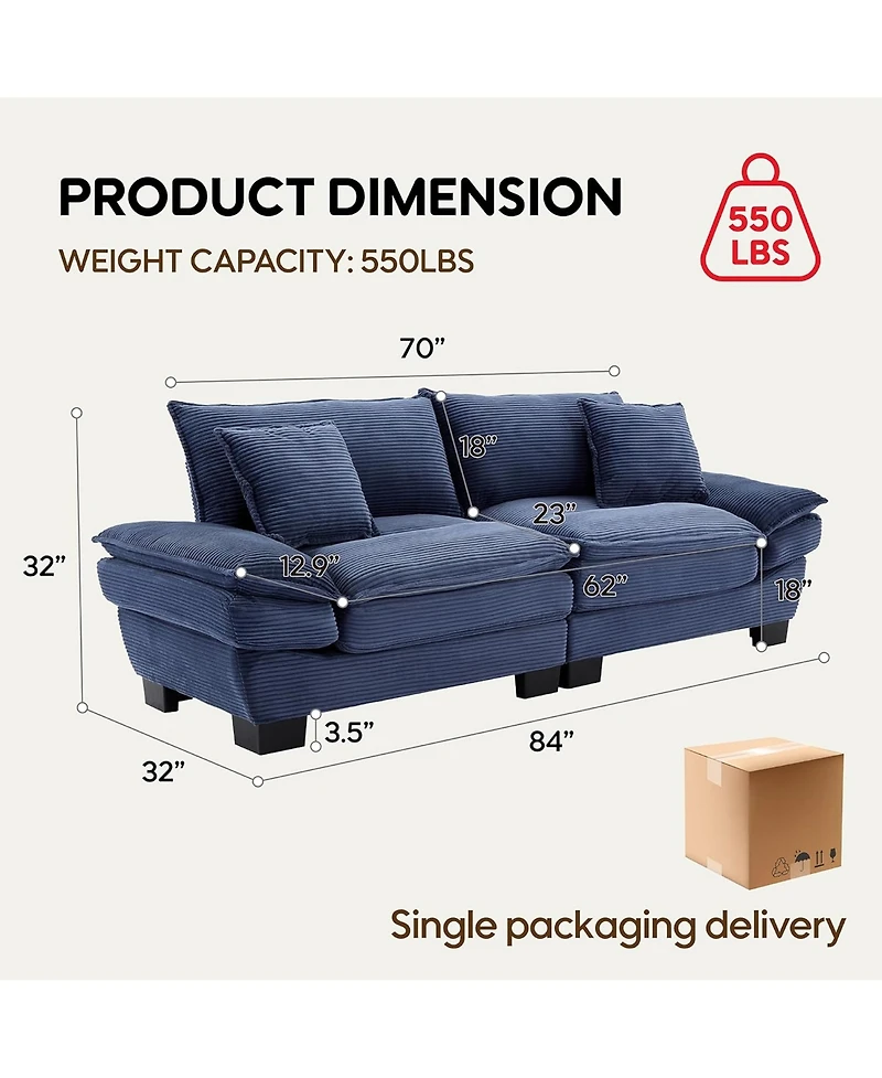 Rainsken 84" Corduroy Loveseat Sofa, Contemporary Deep Seat Couch with Cushion Pillows for Living Room and Home Office