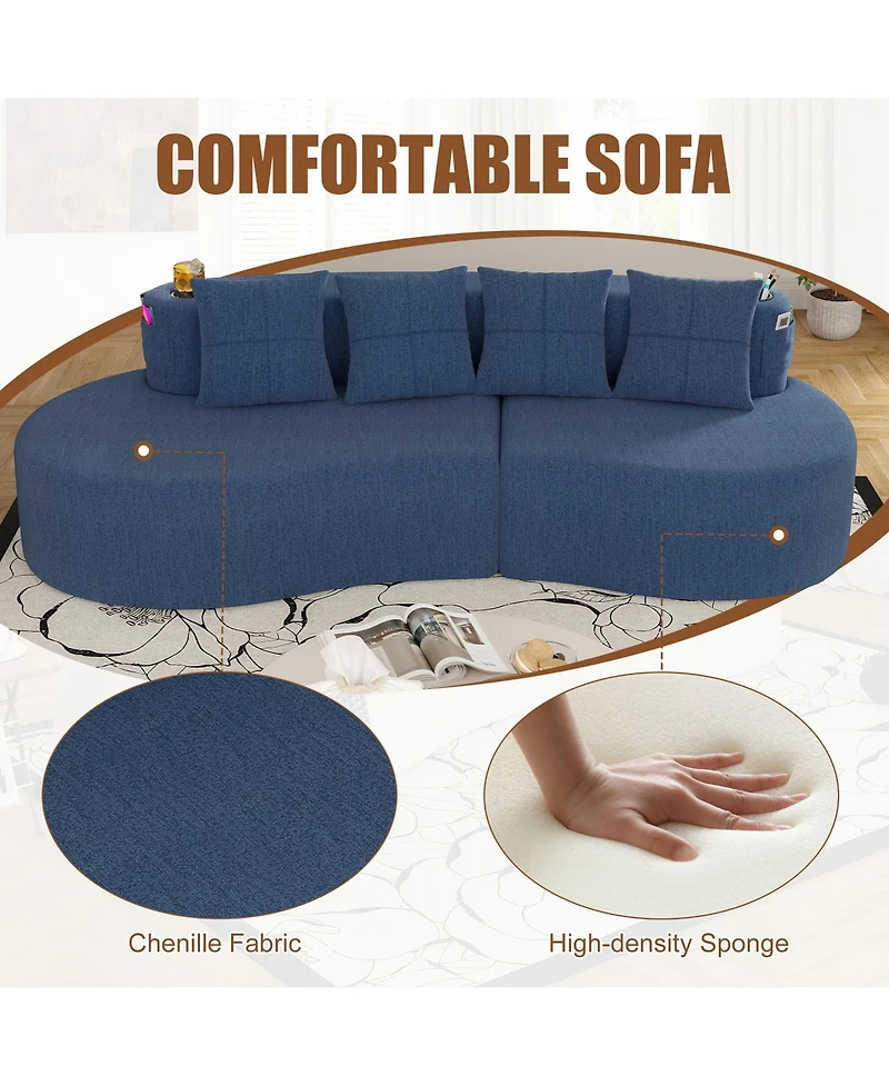 Rainsken 3-Seater Half Moon Curved Sectional Sofa, Modern Modular Couch with Soft Chenille Fabric, 2 Cup Holders and Side Pockets for Living Room