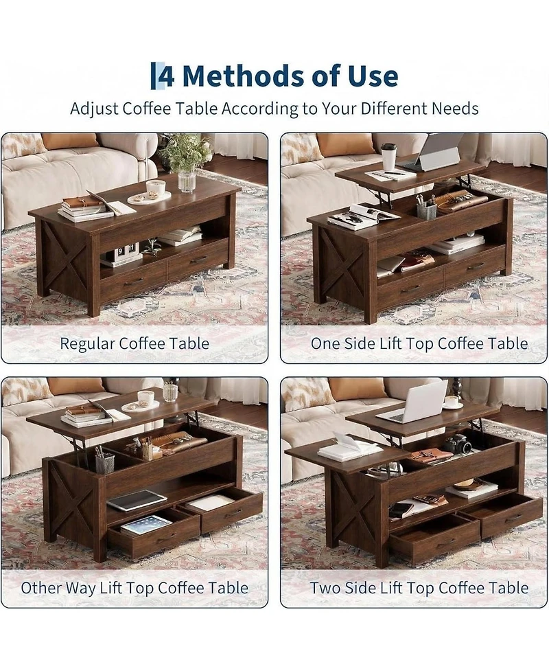 gaomon 47.2" Lift Top Coffee Table with Storage, Split Lift Design, 2 Drawers and Hidden Compartment, Farmhouse Center Table