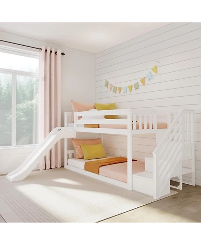 Max & Lily Twin Over Twin Low Bunk Bed with Slide and Stairs, Solid Wood Kids Platform Bed with 14" Guardrails