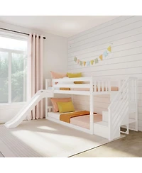 Max & Lily Twin Over Twin Low Bunk Bed with Slide and Stairs, Solid Wood Kids Platform Bed with 14" Guardrails