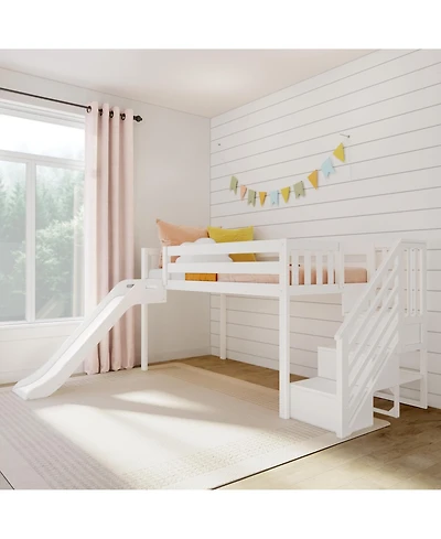 Max & Lily Twin Size Low Loft Bed with Slide and Stairs, Solid Wood Kids Platform Bed with 14" Guardrails
