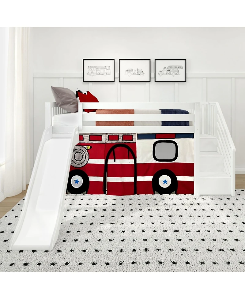 Max & Lily Low Loft With Stairs, Easy Slide and Firetruck Curtain