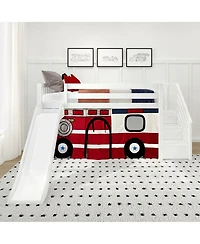 Max & Lily Low Loft With Stairs, Easy Slide and Firetruck Curtain