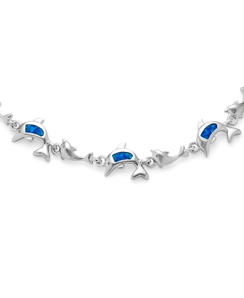 Bling Jewelry Nautical Created Blue White Opal Inlay Dolphins Bracelet .925 Sterling Silver