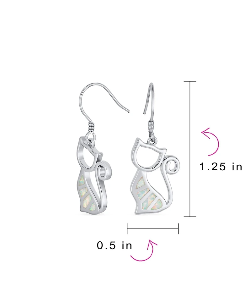 Bling Jewelry Animal Lover Pet Kitten White Created Opal Cat Dangle Earrings Sterling Silver