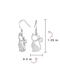Bling Jewelry Animal Lover Pet Kitten White Created Opal Cat Dangle Earrings Sterling Silver