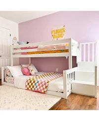 Max & Lily Wooden Twin over Full Low Bunk Bed for Kids with Staircase