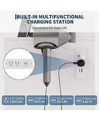 Homfan Modern Vanity Desk with Mirror Led Lights, Power Outlet, Storage Shelf, Hairdryer Rack, Adjustable Lighting, Cushioned Stool for Bedroom