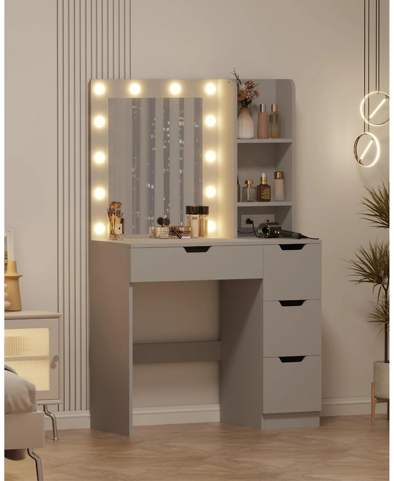 Homfan Vanity Desk with Mirror and Lights, 4 Drawers, Built-in Power Outlet Usb, Adjustable Led Lighting, Makeup Table for Bedroom