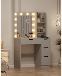 Homfan Vanity Desk with Mirror and Lights, 4 Drawers, Built-in Power Outlet Usb, Adjustable Led Lighting, Makeup Table for Bedroom