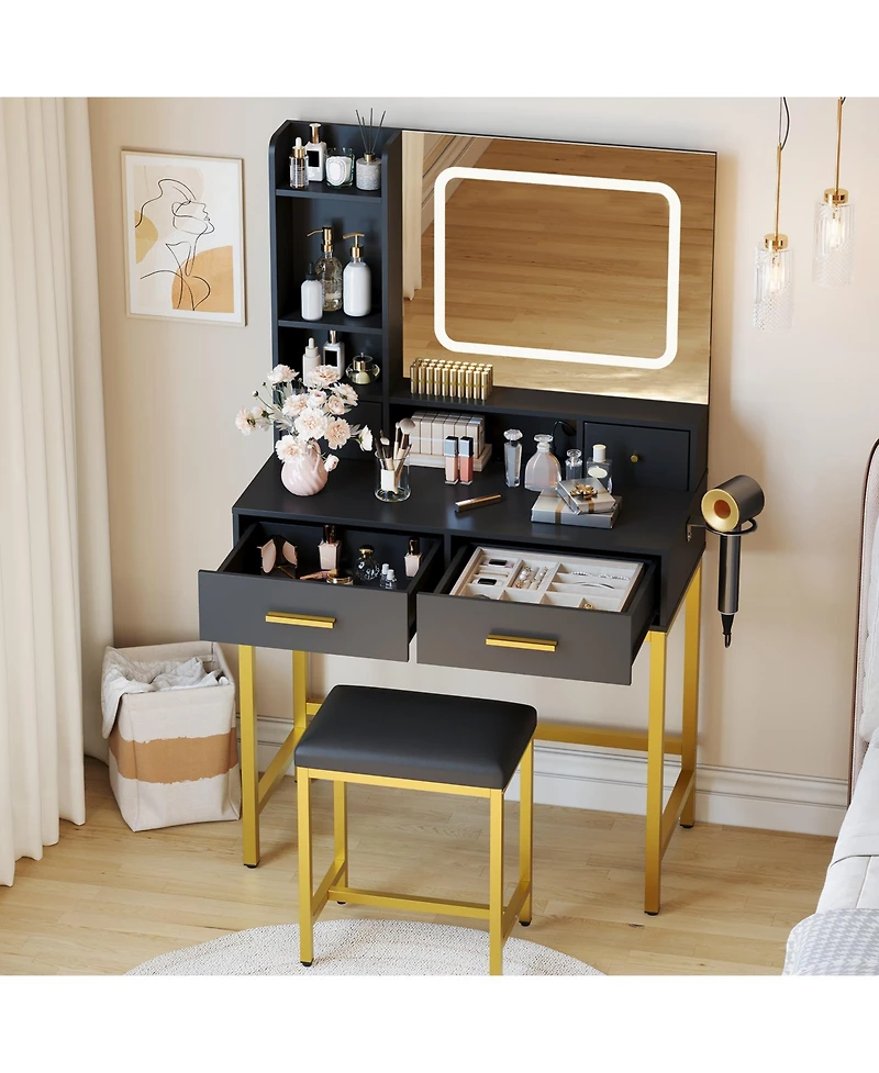 Homfan Makeup Vanity Desk with 3-Color Lights, 4 Drawers, 2 Shelves, Built-In Charging Station, Led Vanity Table for Bedroom, Dressing Room