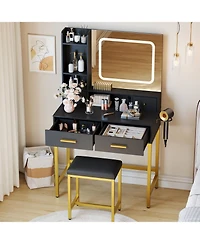 Homfan Makeup Vanity Desk with 3-Color Lights, 4 Drawers, 2 Shelves, Built-In Charging Station, Led Vanity Table for Bedroom, Dressing Room