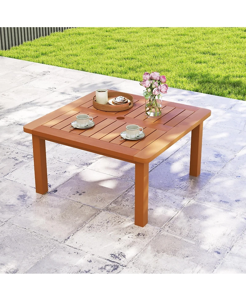 Gymax Patio Coffee Table with Umbrella Hole Slatted Tabletop and Teak Oil Finish