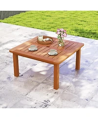 Gymax Patio Coffee Table with Umbrella Hole Slatted Tabletop and Teak Oil Finish