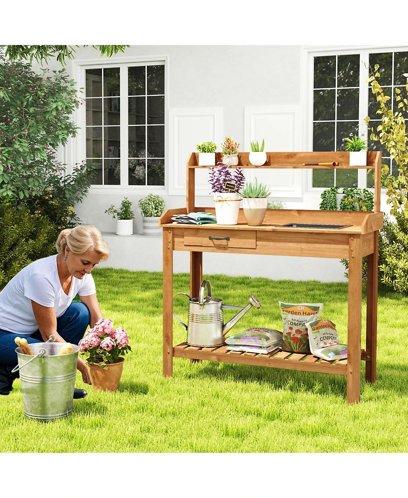 Sugift Outdoor Wooden Garden Work Table with Storage Shelves