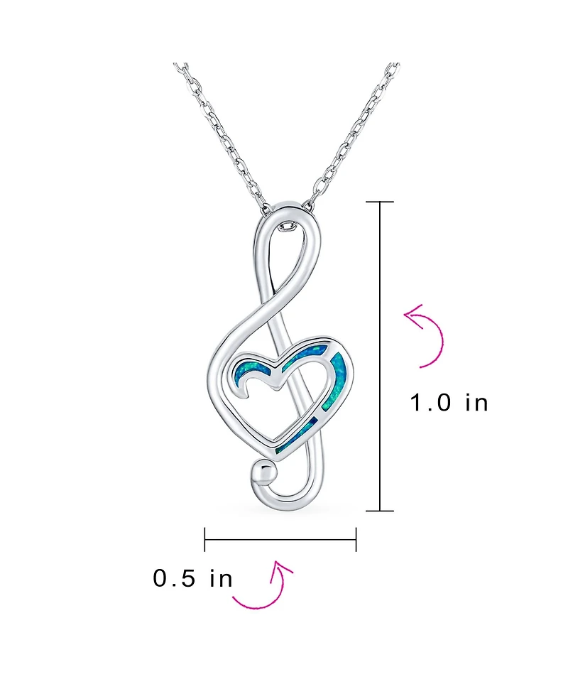 Bling Jewelry Musical Created Blue Opal Heart Treble Clef Music Note Pendant Necklace