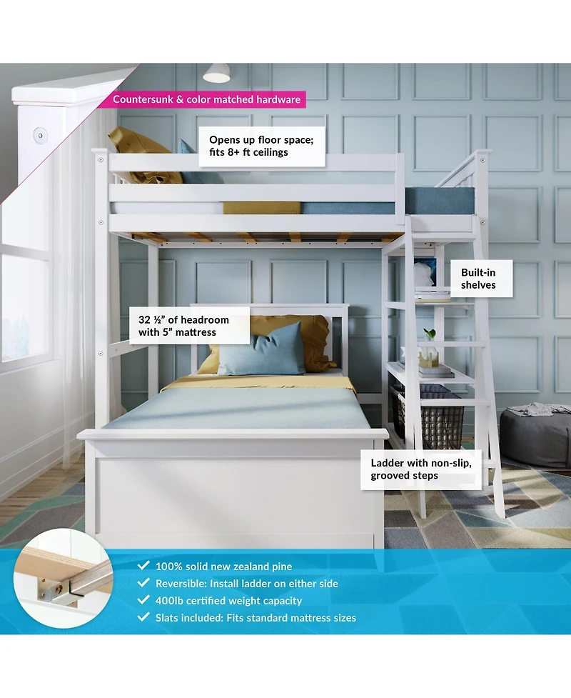 Max & Lily Solid Wood L-Shaped Twin over Twin Bunk Bed with Bookcase for Kids