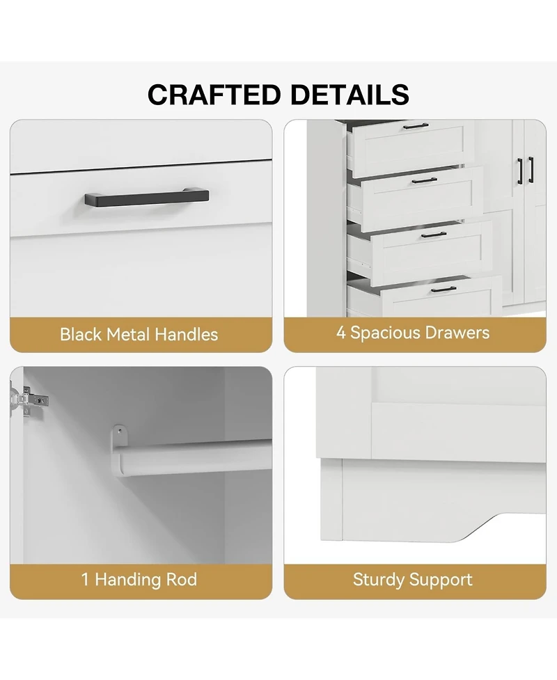gaomon Multifunctional Wooden Dresser for Bedroom, 43.3 in H 2 Door Wardrobe Armoire Closet with 4 Drawers and Hanging Rod