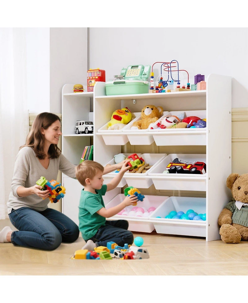 Gouun 4-Tier Kids Toy Organizer with 8 Bins, Bookshelf and Cabinet, 44.3 x 39.4 inches