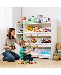 Gouun 4-Tier Kids Toy Organizer with 8 Bins, Bookshelf and Cabinet, 44.3 x 39.4 inches