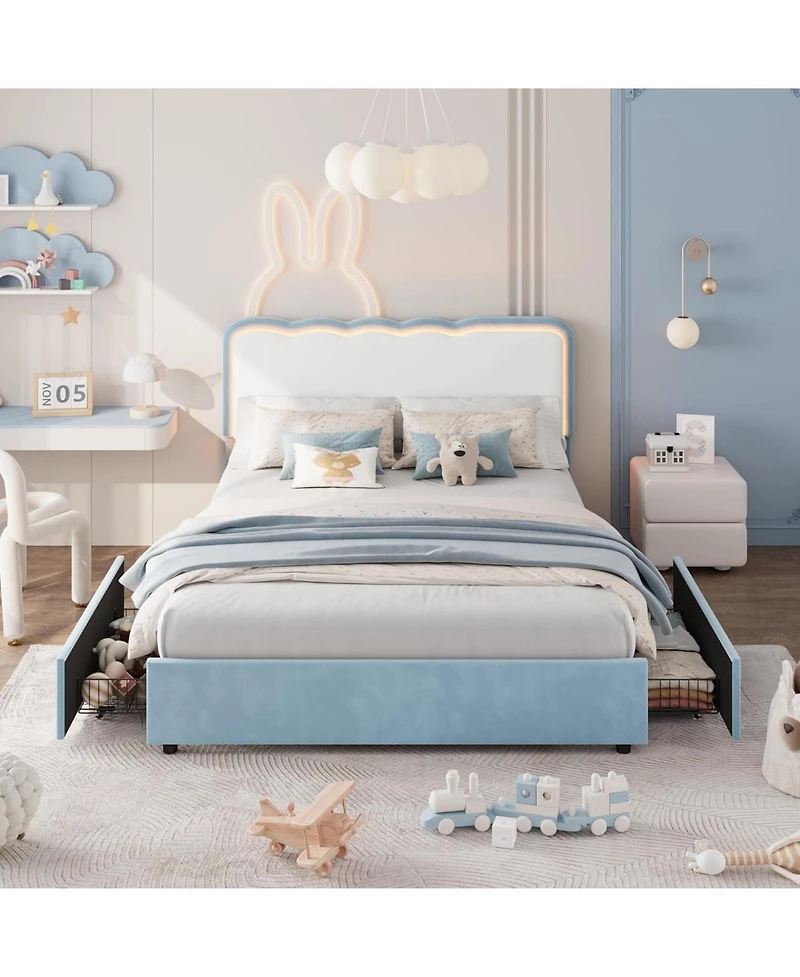 gaomon velvet Led bed frame with storage drawers, adjustable headboard, princess-style frame