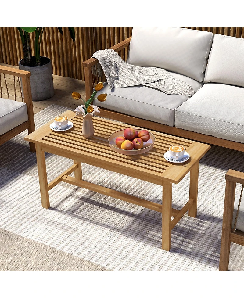 Gymax 36''Patio Coffee Table Solid Wood Coffee Table w/ Slatted Tabletop