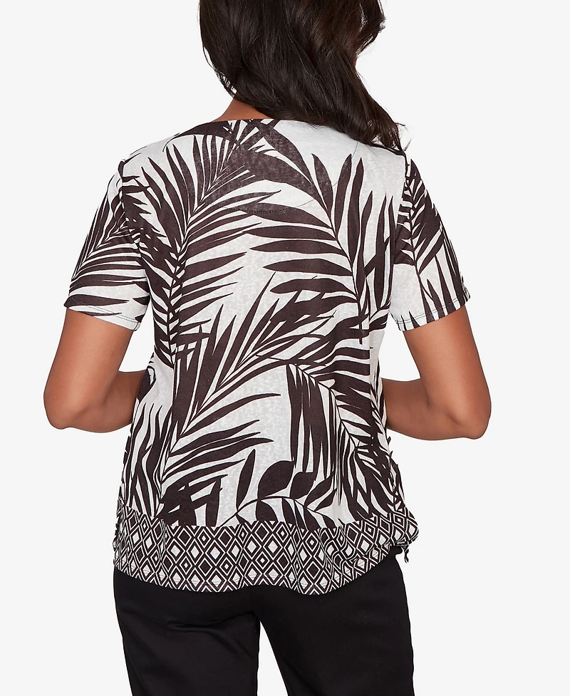 Alfred Dunner Petite Detail Driven Tropical Diamond Border Crewneck T-Shirt with Necklace