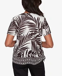 Alfred Dunner Petite Detail Driven Tropical Diamond Border Crewneck T-Shirt with Necklace
