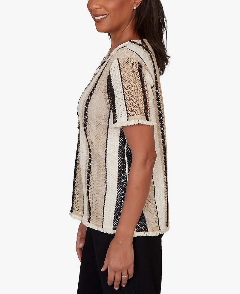 Alfred Dunner Petite Detail Driven Textured Spliced Crewneck T-Shirt with Necklace