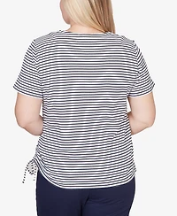 Alfred Dunner Petite Lady Liberty Embroidered Neck Striped Side-Tie Top