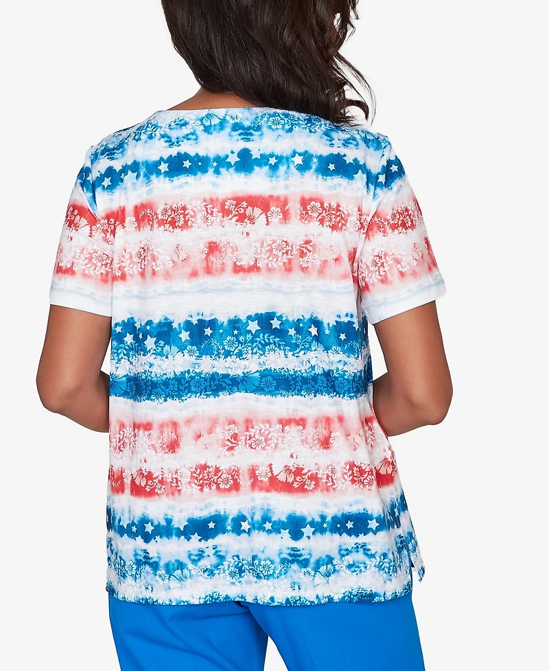 Alfred Dunner Petite Lady Liberty Americana Tie-Dye Stripes Short-Sleeve T-Shirt