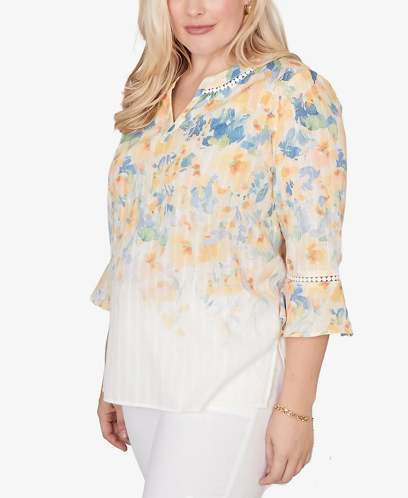Alfred Dunner Petite Out of the Blue Falling Floral Three-Quarter-Sleeve Top
