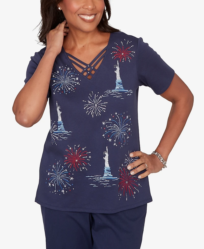 Alfred Dunner Petite Lady Liberty Statue of Fireworks V-Neck T-Shirt