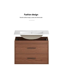 Sillysis 30 Inch Wall Mounted Bathroom Vanity with Ceramic Sink, Soft Close Drawers and Reddish Brown Cabinet, Modern Transitional Design