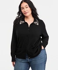 Charter Club Plus 100% Cashmere High-Rib Embellished Cardigan, Macy's Exclusive