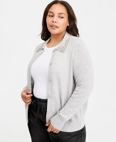 Charter Club Plus Size 100% Cashmere High-Rib Embellished Cardigan, Macy's Exclusive