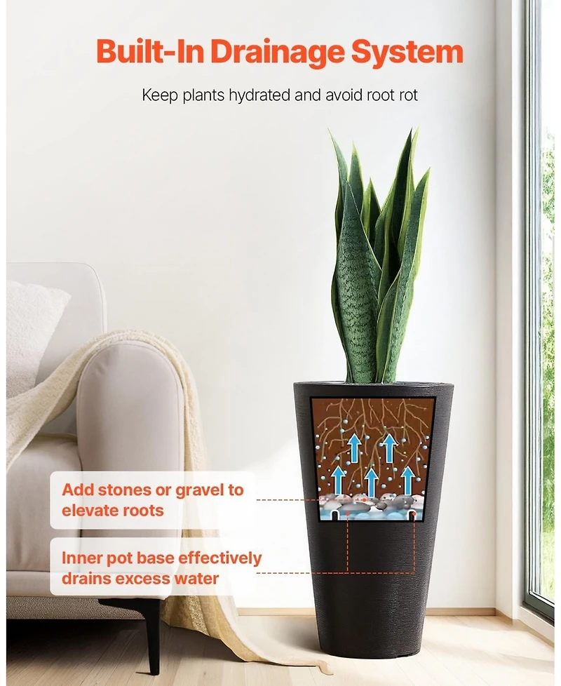 Sugift Set of 2.24in Round Tall Planters with Drainage for Patio Porch