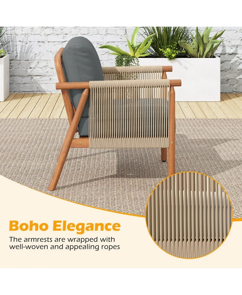 Gouun Acacia Wood Outdoor Chair with Woven Rope Armrests and Seat Cushions