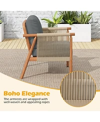Gouun Acacia Wood Outdoor Chair with Woven Rope Armrests and Seat Cushions