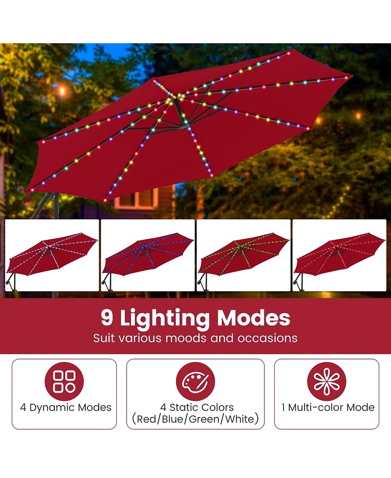 Slickblue Solar Offset Hanging Patio Umbrella 10ft with Base and Lights