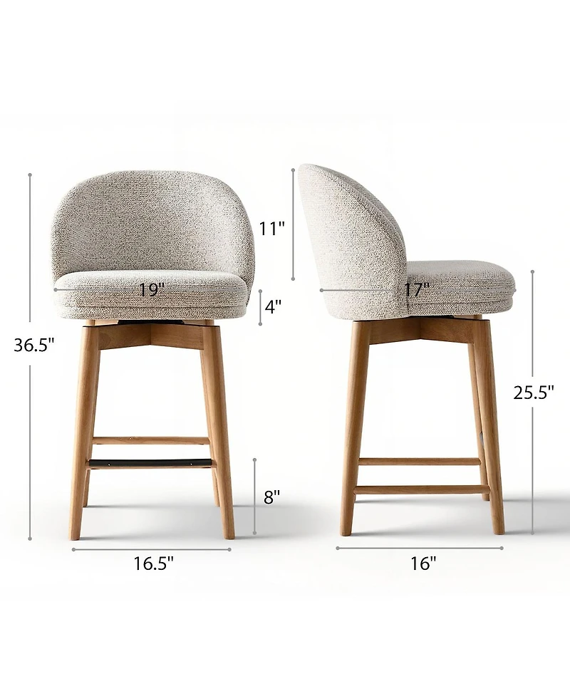 Maison Boucle Set of 2 Swivel Upholstered Counter Height Stools with Solid Wood Legs