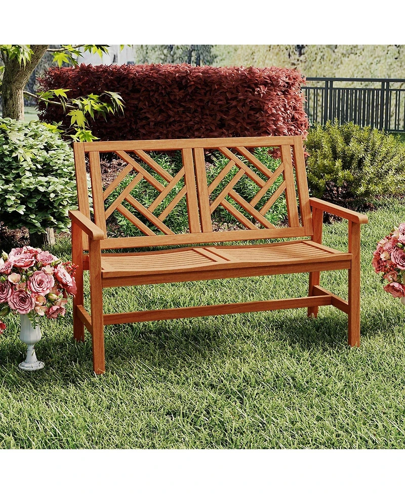 Sugift Outdoor Wood Patio Loveseat Chair with Geometric Backrest