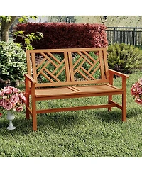 Sugift Outdoor Wood Patio Loveseat Chair with Geometric Backrest