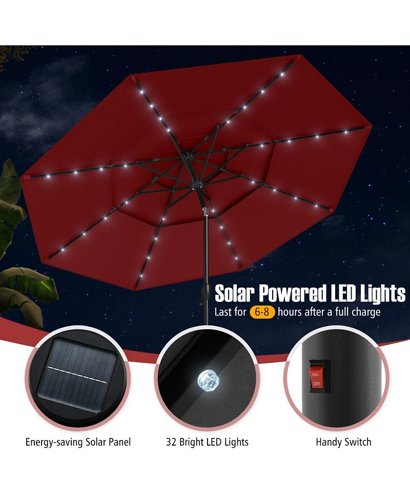 Sugift 10 Feet Solar Patio Umbrella with 32 Led Lights 3-Tier Vented Top