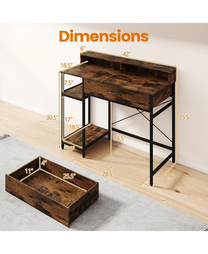 Skonyon 48 Inch Computer Desk with Monitor Stand Drawer and Shelves-Rustic Brown