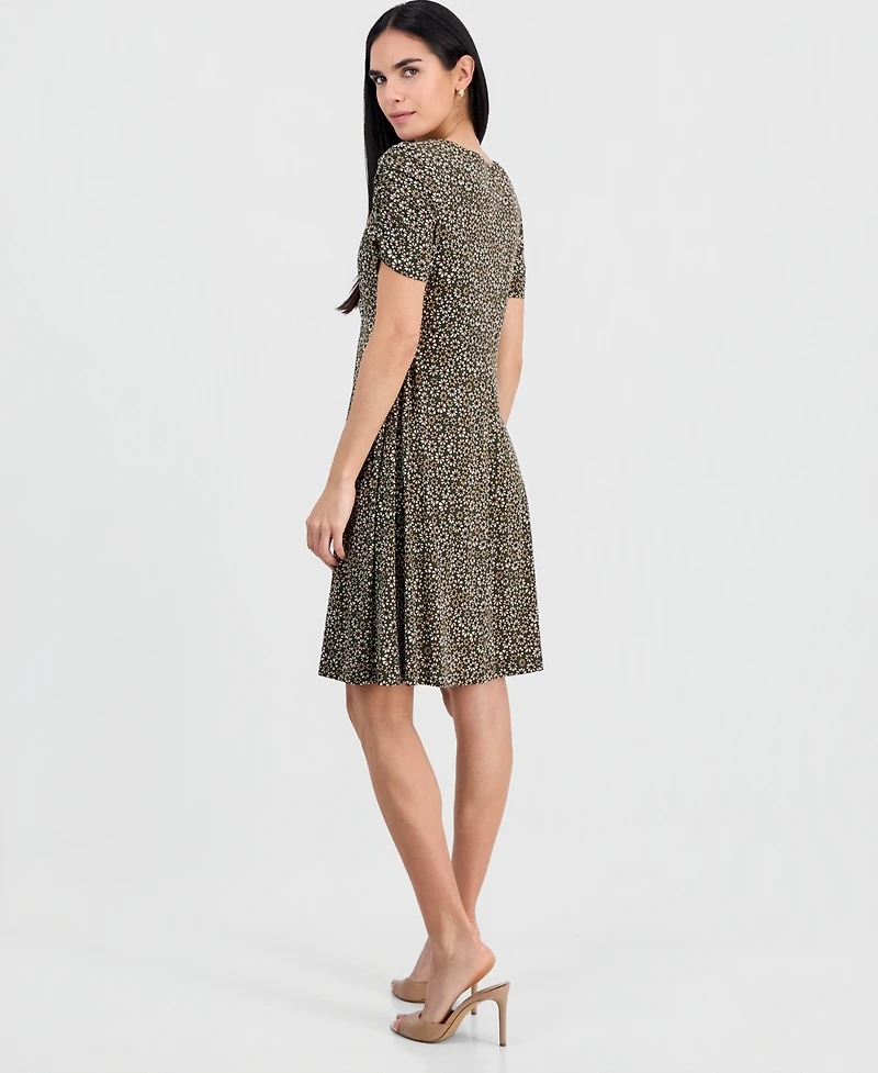 Connected Petite Ruched-Sleeve Crossover-Neck Dress