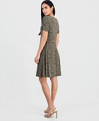 Connected Petite Ruched-Sleeve Crossover-Neck Dress
