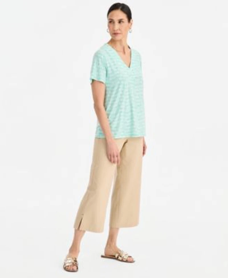 Jm Collection Printed Short Sleeve V Neck Jacquard Top Pull On Pants Macys Exclusive