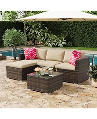 gaomon 5-Piece All-Weather Wicker Patio Sectional Sofa Set with Ottoman and Glass Table